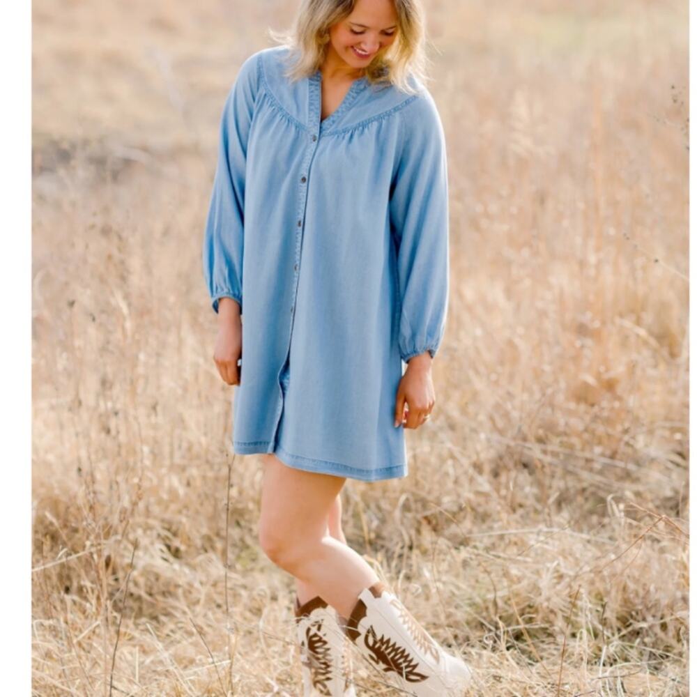 The Pioneer Woman Curve Yoke Shirt Dress Chambray lyocell Blue western denim XL